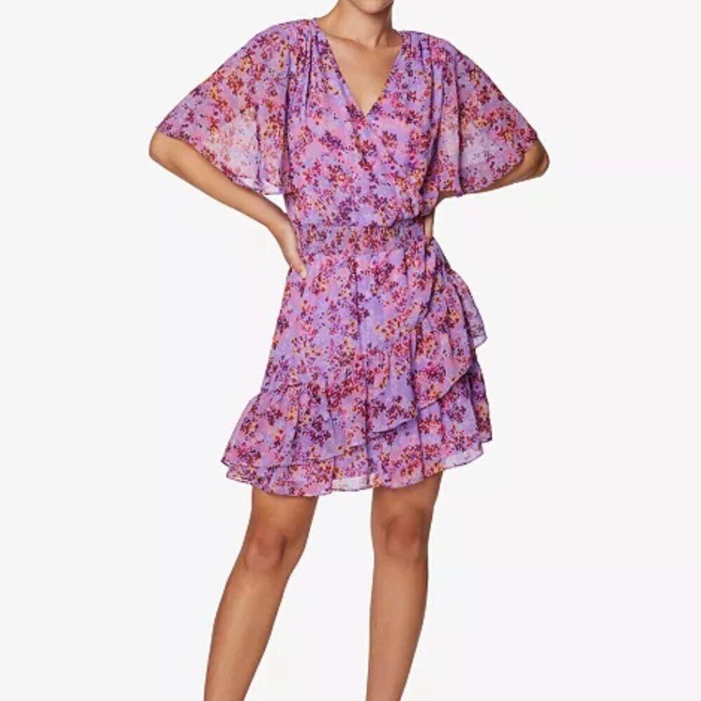 NWT Laundry by Shelli Segal Size 12 Purple Floral Kimono Sleeve Mini Dress